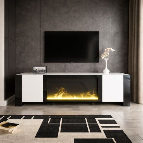 Meuble TV 165x32x55 cm, avec cheminée électrique, effet flamme, espace de rangement avec étagères, structure stable, blanc (1/5)