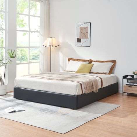 Cama matrimonio Nola somier abatible polipiel 160x200cm Negro [en.casa]