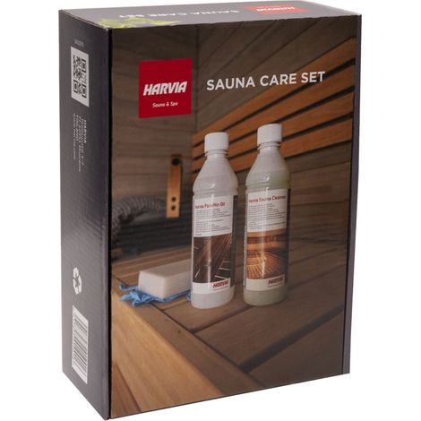 Harvia Sauna Care Set Sauna Reinigungsset Paraffinöl, Saunareiniger, Schwamm, Handschuhe