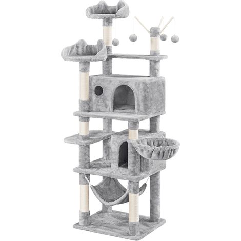 Yaheetech – Arbre à chat multiniveau 170cm avec 2 niches spacieuses – Poteaux en sisal – Hamac et jouets amovibles – Gris clair (1/5)