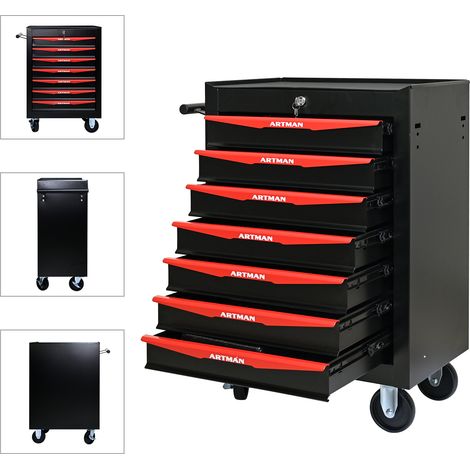 Coffre à outils roulant en métal à 7 tiroirs, armoire à outils à 7 tiroirs avec glissières à roulements à billes, organisateur de rangement en acier - Noir & Rouge (BLACK&RED) (1/5)