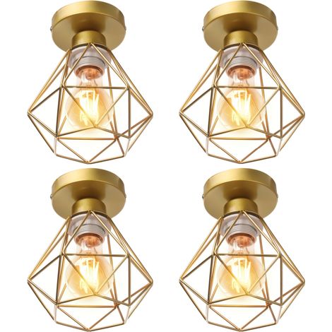Lámpara de Techo Metal Retro Jaula de Diamantes Interior Luz de Techo Decorativa Sala de Estar Cocina Oro 4Pcs