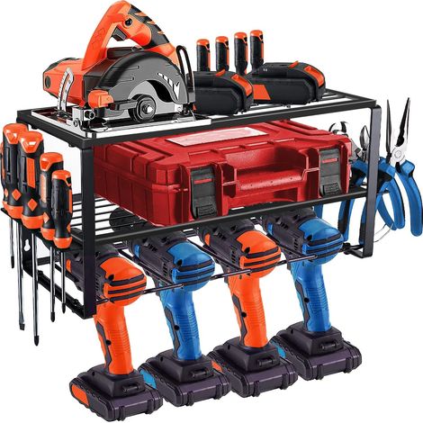 Organisateur d'outils électriques, 4 emplacements pour perceuse électrique murale, étagère de rangement murale, porte-outils mural, garage, rangement et organisation des outils (3 (1/5)