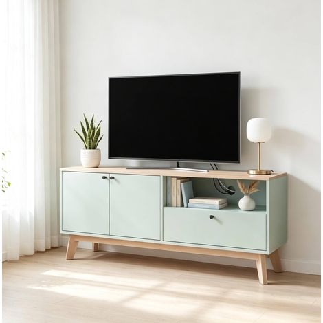 Mueble para TV (120x35x50 cm), para televisores de hasta 36 pulgadas, con espacio de almacenamiento, orificio para cables, MDF, verde claro (1/5)
