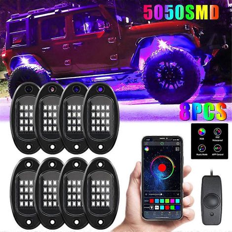 Kit de 8 projecteurs LED RGB pour bas de caisse, éclairage sous châssis pour camion, quad, SSV, SUV, noir (1/5)