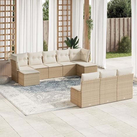 Ensemble Salon Jardin 10 Places Résine Tressée Beige avec Coussins Détachables - 6 Sièges Centraux + 2 Sièges Coin + 2 Tabourets (1/3)