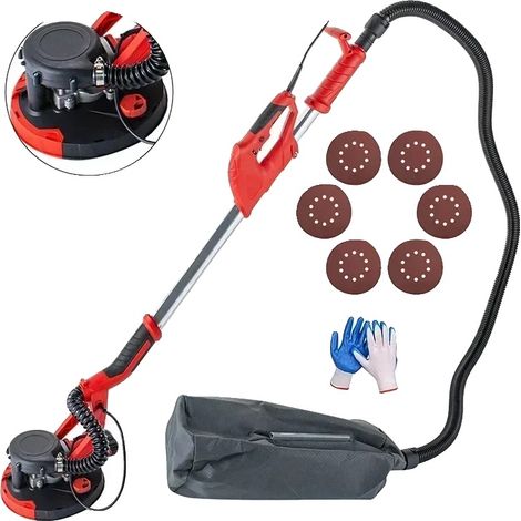 Levigatrice elettrica per intonaco, potenza 750W, lunghezza regolabile da 1,40 m a 1,90 m, tubo di aspirazione da 2 m, giri al minuto 800-1750, diametro carta abrasiva 22,5 cm (1/5)