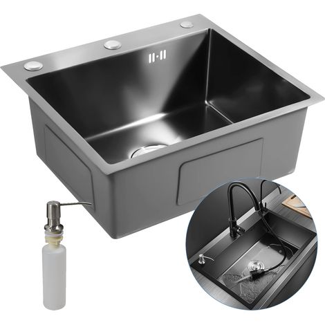 Évier de cuisine, construction en acier inoxydable, design à cuve profonde, noir (1/2)
