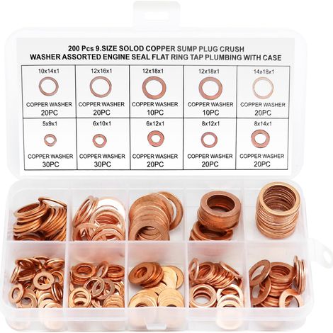 Ensemble de Rondelle Cuivre Plates M5-M14, 200 Pièces Joint Cuivre Joints Vidange Utilisé avec Boîte de Rangement, 9 Tailles (M5 M6 M8 M10 M12 M14 M16 M20) (1/5)
