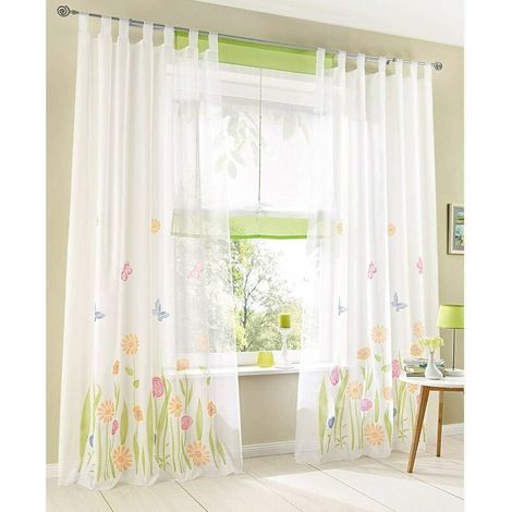 Lot de 2 rideaux transparents 150x225cm – Voilage floral vert avec passants – Décoration pour chambre, salon, balcon (1/2)