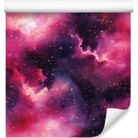 Carta da parati acquerello galassia viola, prugna e rosa cipria 50x1000 cm (1/5)