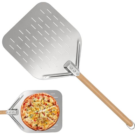 Pelle à pizza perforée - 39 cm x 30,5 cm x 1 mm - En acier inoxydable - Poignée en bois amovible - Design ajouré (1/5)
