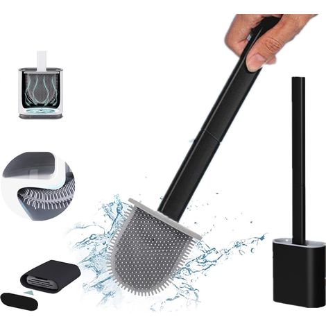 Scopa per WC e supporto in silicone TPR, scopino per WC rimovibile con manico lungo, montaggio a pavimento/parete con base con filtro per l'acqua, scopino per piccoli spazi tra WC e parete (nero) (1/5)