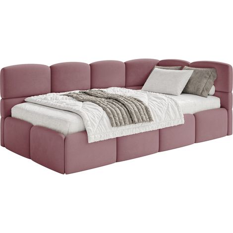 Selsey Cloudy – Jugendbett 120x200, Kopfteil rechts, Matratze & Bettkasten, Samt Rosa