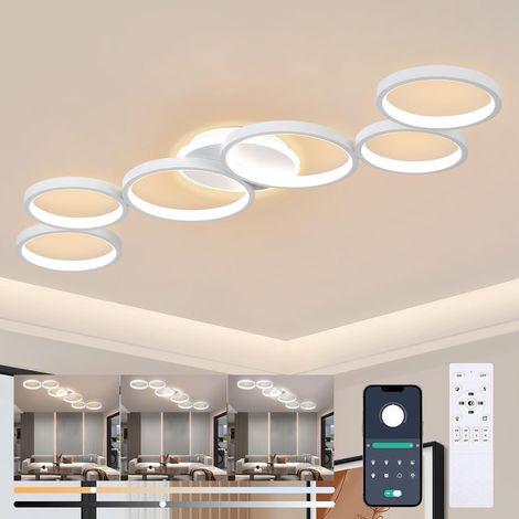 LED Plafonnier Dimmable de Salon Blanc Lampe de Salon, 113cm 69W Lampe de Chambre à Coucher Telecommande et APP, Moderne 6 Anneaux Ronde Luminaire Plafonnier avec Fonction Mémoire (1/5)