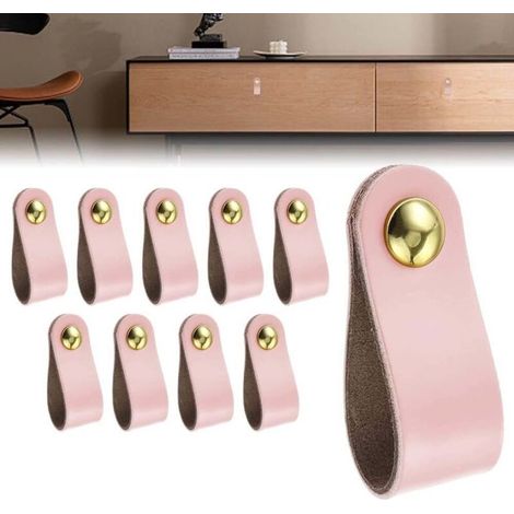 10 poignées en cuir pour meubles, portes, armoires et cuisines – fixations incluses (10 vis) – rose – idéales pour cuisine, chambre à coucher et salle de bain