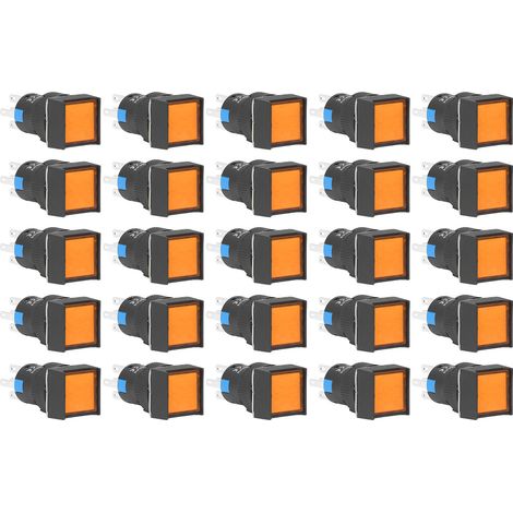 Lot de 25 interrupteurs à bouton-poussoir carrés autobloquants avec voyant lumineux, 16 mm, 220 V, 5A, jaune (1/5)