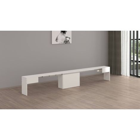 Dmora - Banco Yutu, Asiento para mesa de comedor, Banco individual extensible, 290x25h45 cm, Blanco brillante (1/5)
