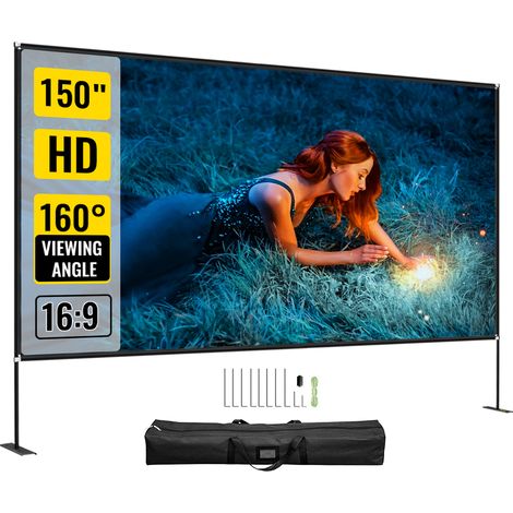 VEVOR Projektion Leinwand mit Stand 381 cm (150") Tragbare Filmleinwand 16:9 Outdoor Indoor Projector Screen 347x201,9cm Mobile Beamer Leinwand 160° Betrachtungswinkel Geeignet für Heimkino Camping