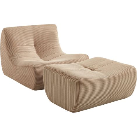 sweeek - Sessel mit Cordbezug und Hocker, Cord, Dunkelbeige