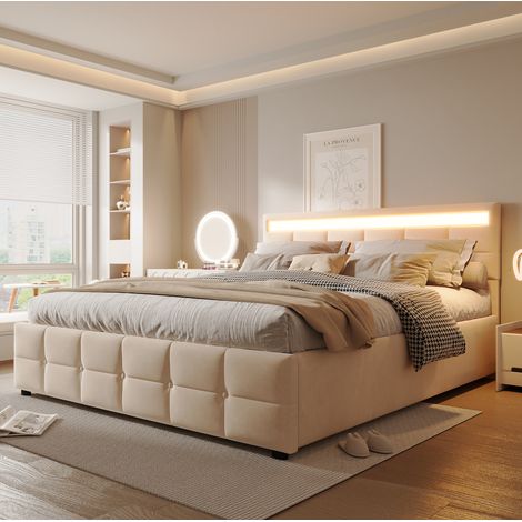 Lit adulte 180x200 cm LED et coffre hydraulique, beige, tissu velours, sans matelas FloraGrace (1/5)