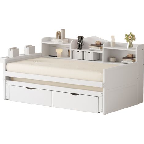 Canapé-lit 90x200 en bois, extensible avec lit d'appoint 90x190, 2 tiroirs, coffre de rangement, panier et port USB, blanc, gain de place – CHICFURN (1/5)