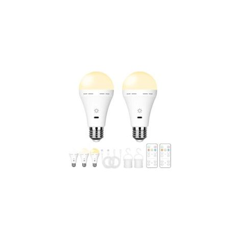 Ampoule Rechargeable USB Avec Télécommande, 3 Températures de Couleur, E27 LED Dimmable à Batterie, 5W Touch Control Avec Minuterie, Secours Avec Crochet, 2600mAh, 2 Pack (1/5)