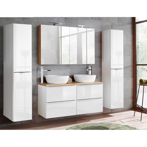Badmöbel Set mit Doppel-Waschtisch inkl. 2 Aufsatzwaschbecken TOSKANA-56 Hochglanz weiß & Wotaneiche, B/H/T ca.: 220/200/46cm (1/5)
