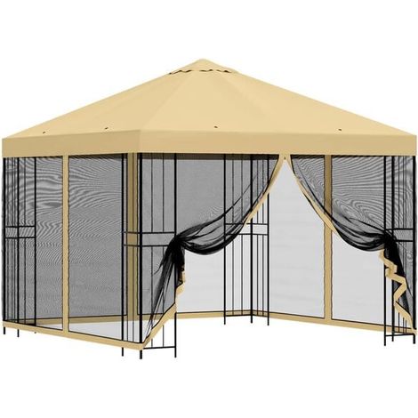 Le chalet de jardin a des murs de 3 x 3 mètres et est fait de fibres de polyester beiges et d'acier. (1/5)