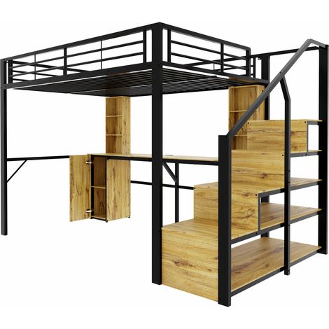 Lit mezzanine en métal noir 140x200 cm avec bureau, armoire et rangement (1/5)
