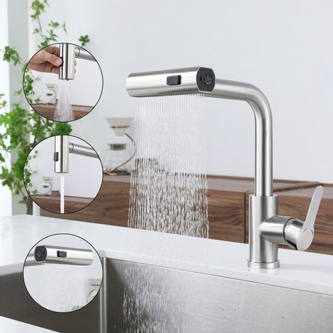 Robinet de cuisine ZMH, mitigeur extractible avec pommeau de douche, robinet d'évier rotatif à 360°, en acier inoxydable avec 2 modes de pulvérisation, robinet de cuisine - Nickel brossé (1/5)