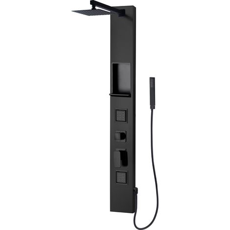 Duschpaneel Schwarz Matt aus Aluminium – Kopfbrause, 4 Neigbare Bodyjets & Wandnische 140x20 cm (1/5)