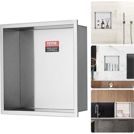 Niche Encastrable Salle de Bain 33,02x33,02 cm Niche Douche Murale Double Étagère Acier Inoxydable 304 Scellée Étanche Facile à Nettoyer Moderne pour Stockage Savon Douche Salle de Bains, Argent (1/5)