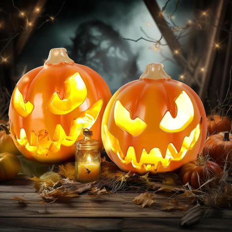 Lanterne Jack à 2 niveaux empilés avec chapeau de sorcière – Décoration d'Halloween LED 8 modes télécommandée (intérieur/extérieur) (1/5)