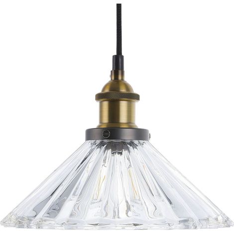 Lampadario in Metallo Nero e Ottone Paralume in Vetro a Forma di Cono Colorado