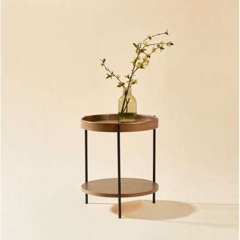 Mesa de centro redonda de 2 niveles (69x69x38 cm), con mesa auxiliar a juego, madera maciza y MDF, nogal (1/5)