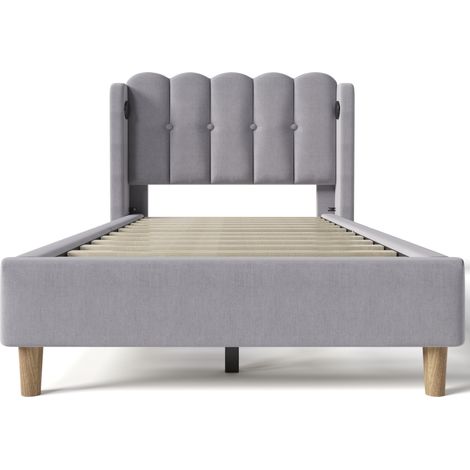 Lit rembourré 1 place 90 x 200 cm avec port USB Type C, sommier à lattes, gris, MODENUIT (1/5)