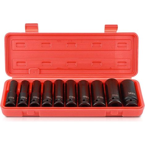 1/2" Jeu de Douilles Profondes Impact 10pcs, 10mm-24mm Métrique Clé Jeu de Douilles à Chocs Profondes, Outil de Réparation de Moteurs Tracteurs Camions (1/5)