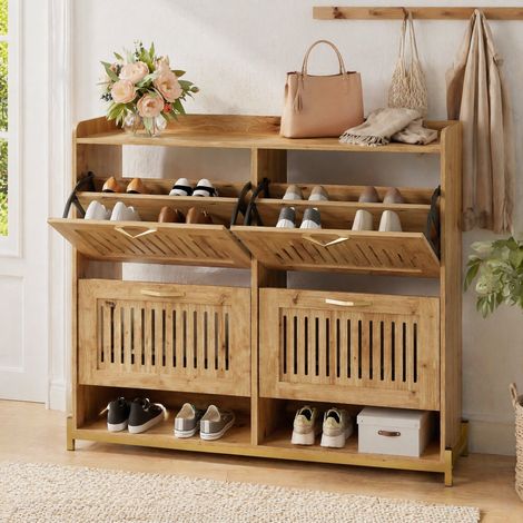 Moderner Schuhschrank mit vertikalen, durchbrochenen Lamellentüren – Flurschrank mit 4 Türen, Metallrahmen und Ablage – Platzsparender Schuh-Organizer für Eingangsbereich, Flur oder Schlafzimmer (1/5)