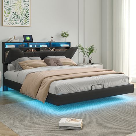 JOOKGBD–Letto a Contenitore 140x200 cm,Letto Matrimoniale Imbottito,Contenitore Idraulico,Illuminazione LED,Porta USB,Testiera Regolabile,Rete a Doghe,Letto per Adolescenti,PU,Nero