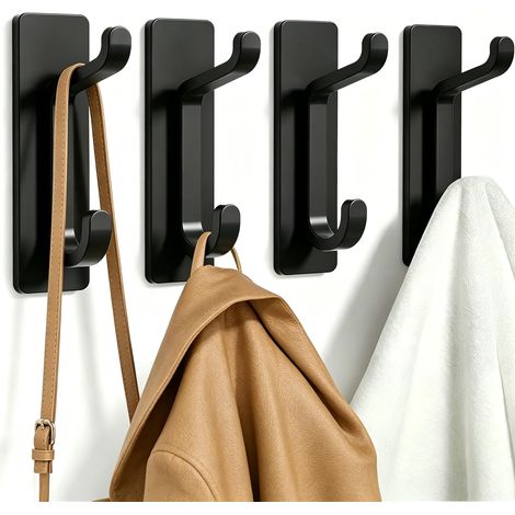 Porte-serviettes sans perçage : Crochets adhésifs extra-forts de 6 kg, crochets muraux autocollants pour chapeaux, serviettes et manteaux, lot de 4, noir (1/5)