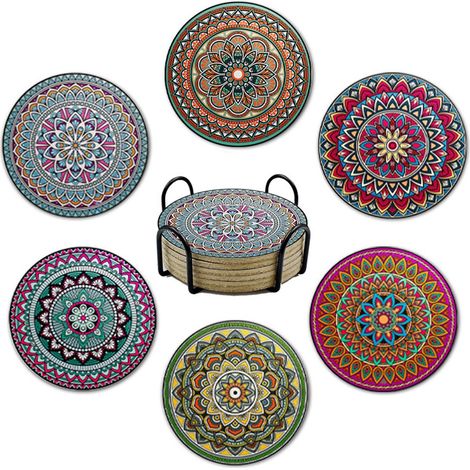 6 Sous-verres en bois motif mandala, support de rangement en fer, absorbants et antidérapants pour maison (1/5)