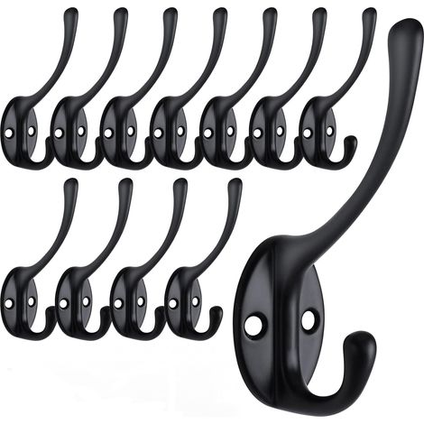 Juego de 12 ganchos de pared metálicos de doble gancho, ideales para baño y cocina, color negro. (1/4)
