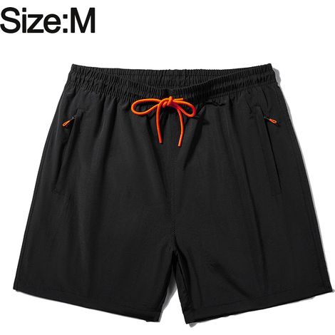 1 short homme, noir, en nylon, poches zippées, taille ajustable avec cordon, pour sport et plage (1/5)