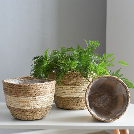 Panier Jardinière en Jonc de Mer, 3 Pièces, Tissé Beige, Pots de Plantes Décoratifs pour Intérieur et Extérieur (1/5)
