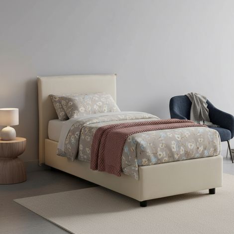 Talamo Italia Einzelbett Carola, Containerbett mit Stoffbespannung, 100% Made in Italy, Seitliche Öffnung, inklusive Matratze Cm 80x190, Beige (1/5)