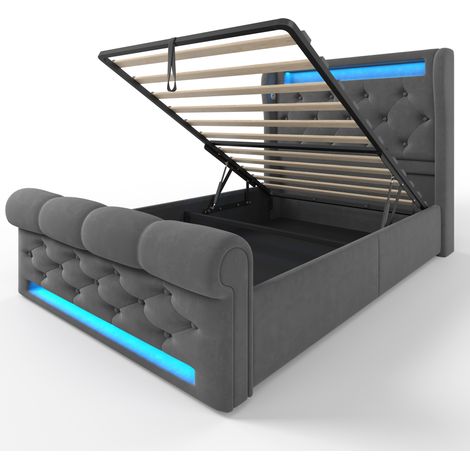 Polsterbett 90x200 cm aus grauem Samt mit LED, hydraulischem Bettkasten und USB-C-Anschlüssen (1/5)