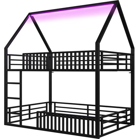 Haus-Etagenbett 140 x 200 cm aus schwarzem Metall mit LED und Schutzgeländer MODENUIT (1/5)