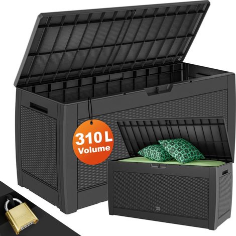 Coffre de rangement Malle 310 litres Stockage coussins avec roulettes Extérieur jardin modèle au choix Aspect rotin - anthracite (1/10)