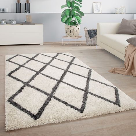 Paco Home Hochflor Teppich Wohnzimmer Shaggy Skandinavisch Muster Raute Weiß Anthrazit 140x200 cm